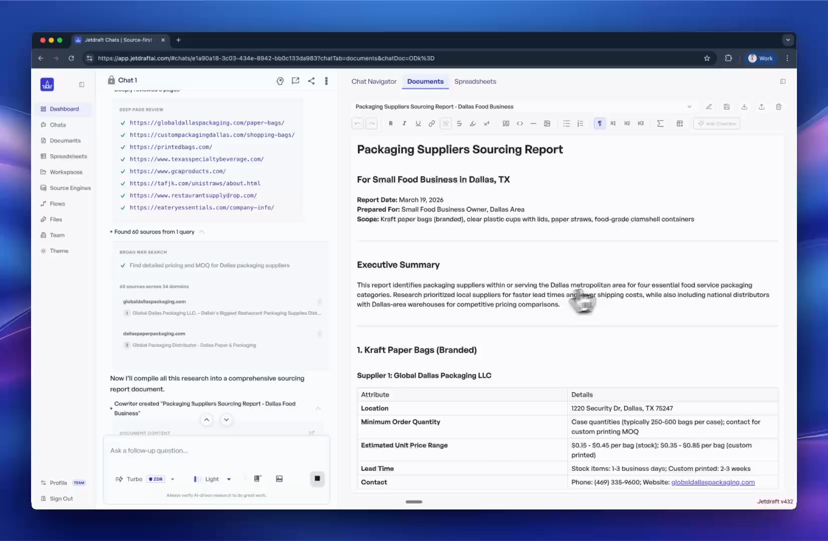 Jetdraft document drafting with sources and structured report.