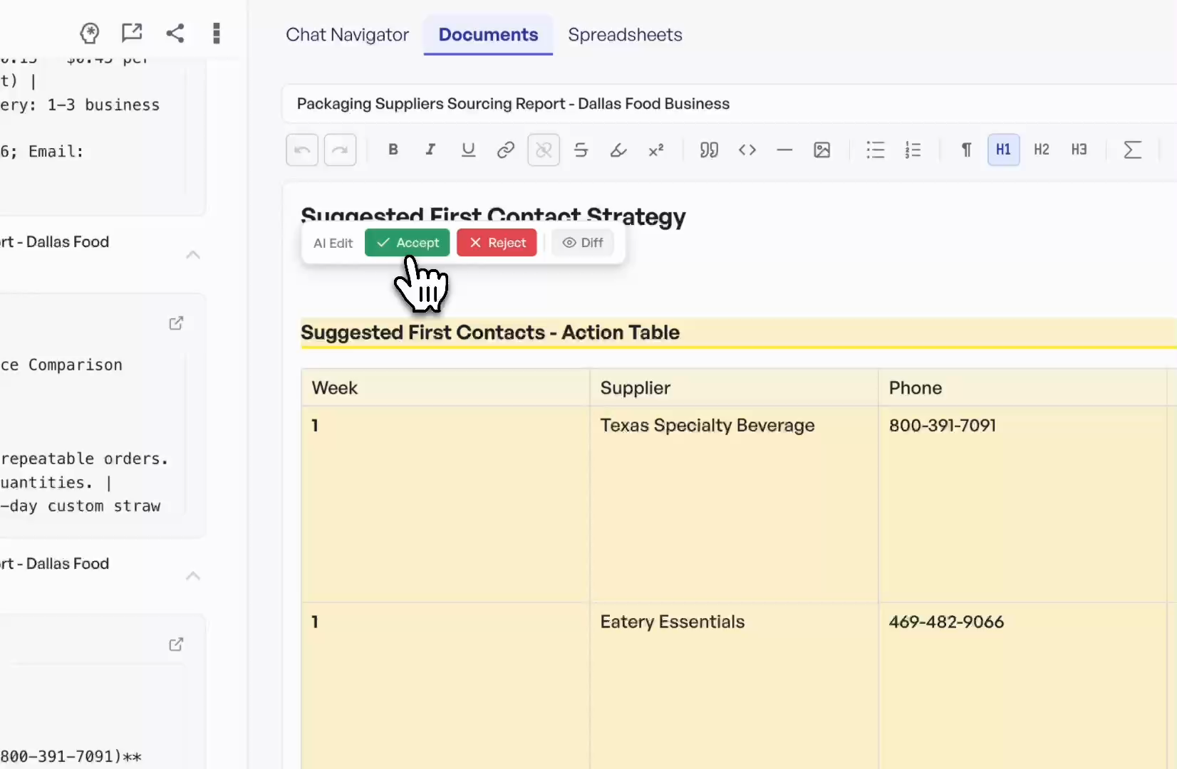 Jetdraft document review with Accept, Reject, and Diff controls.