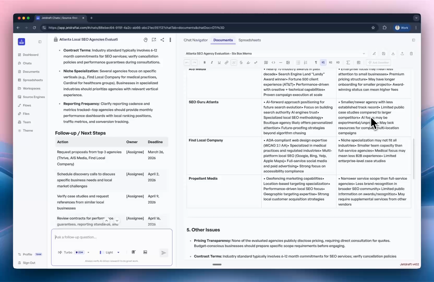 Jetdraft flow output as a structured document with chat context.