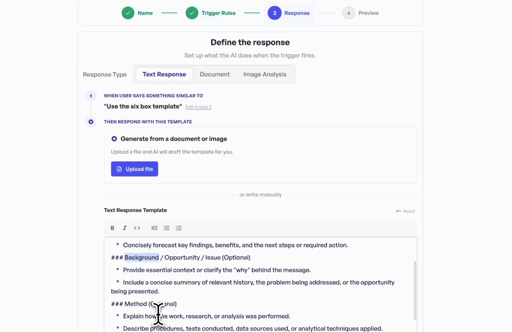 Jetdraft flow template editor with structured Six Box Memo content.