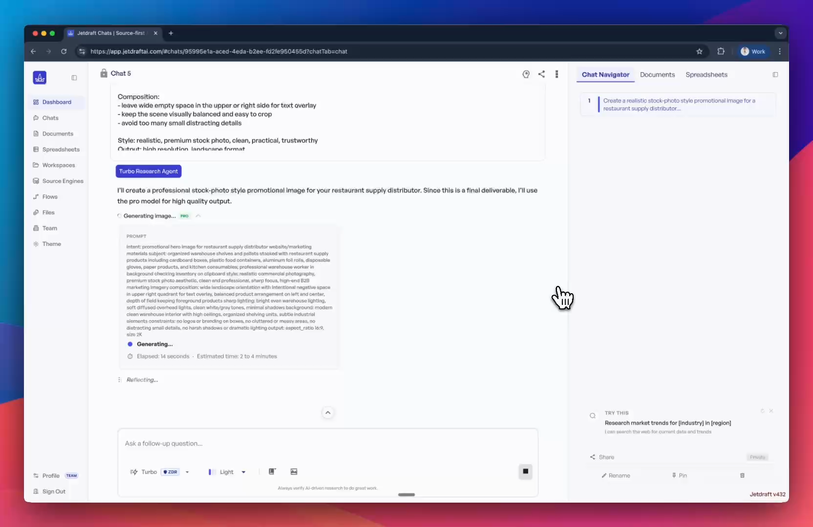 Jetdraft Pro Mode image generation with progress tracking and prompt details.