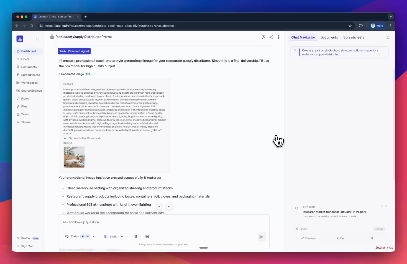 Jetdraft image generation result with thumbnail and feature description.