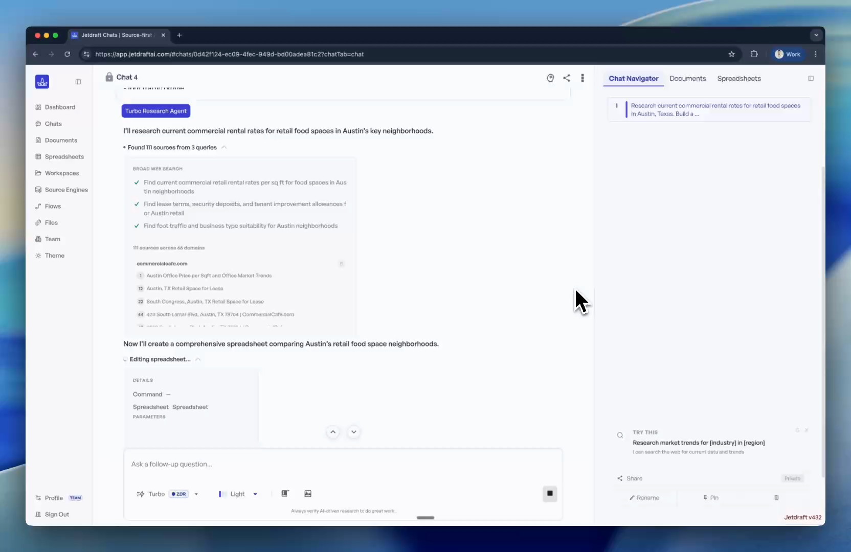 Jetdraft creating a spreadsheet from web research with 111 sources.