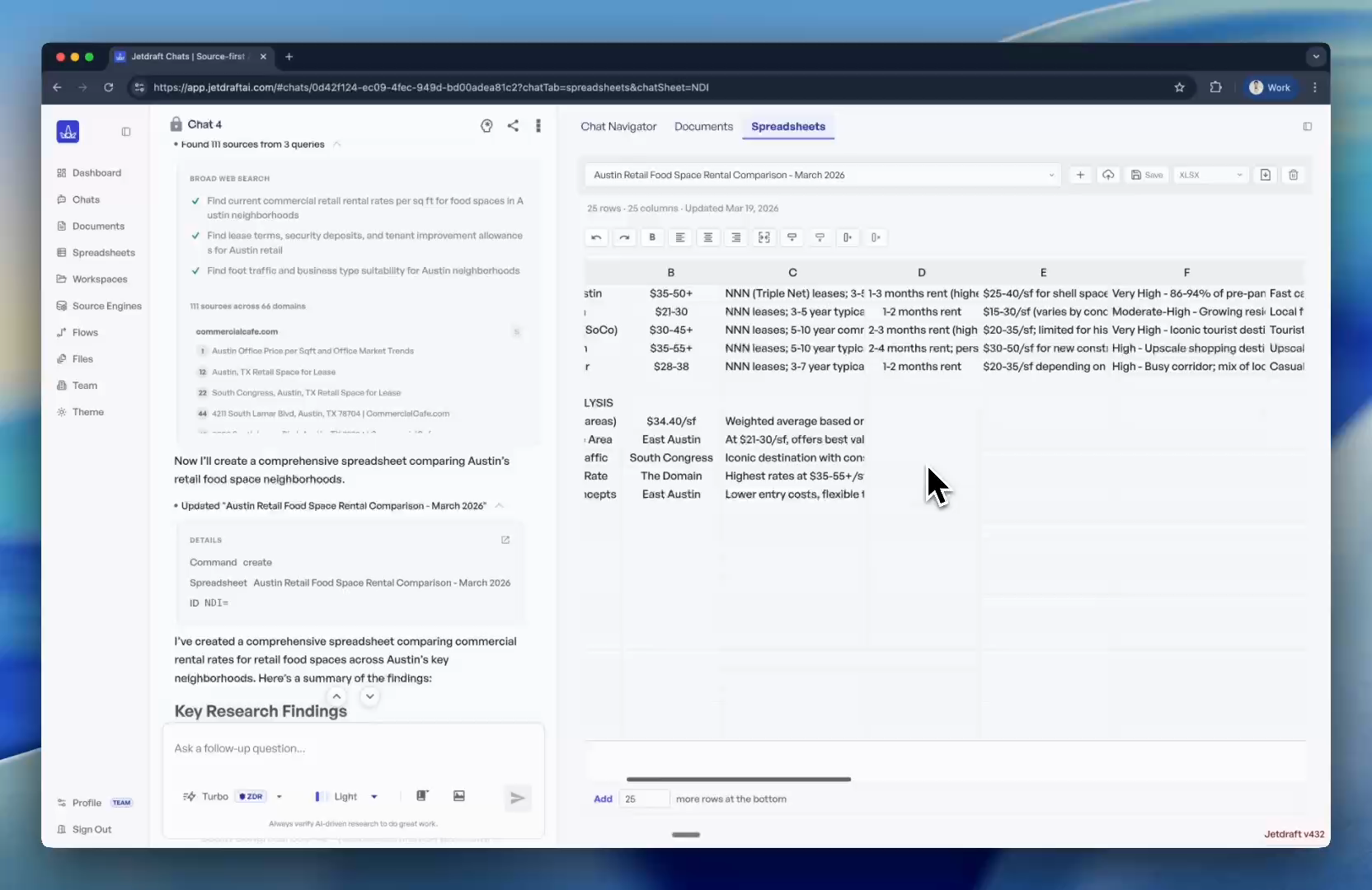 Jetdraft spreadsheet in split view with 25-column rental comparison data.